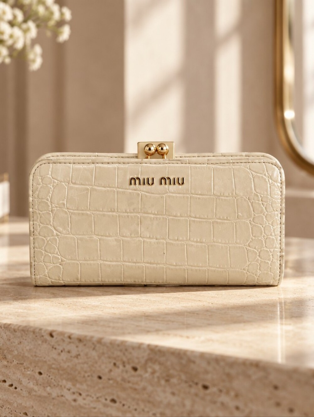 Miu Miu Cream Croc-Embossed Leather Zip Wallet with Gold Hardware